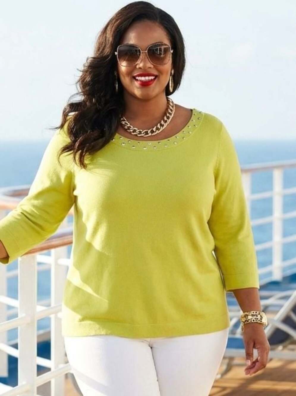 Nygård Collection Lime Green Studded Neckline 3/4 Sleeve Sweater Size 1X